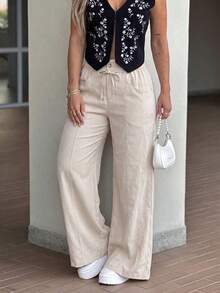 Women's Autumn Basic Drawstring Elastic Waist Wide Leg Pants, Suitable For Back To School, Church, Outings And Street Casual Bottoms - Apricot - View 3
