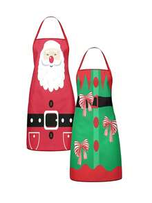 2Pcs Christmas Couple Apron Set, Santa Suit & Elf Costume Bow Printed Adjustable Bib Apron, Funny Holiday Kitchen Cooking Baking Apron For Family Party Xmas Gift - Multicolor - View 6