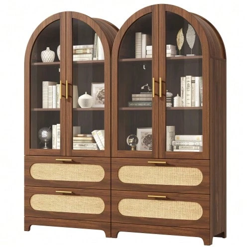 Display Cabinet With Montmartre Arch, 175x80x40cm, Bookshelf With 2 Drawers & Adjustable Shelves, Retro Design, Walnut - Natural Color 1 - View 1