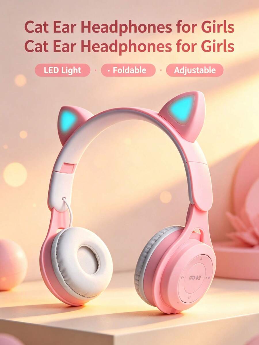 Gerripuer Foldable Wireless Cat Ear Headphones, Color-Changing Cat Ear Wireless Headphones, Built-In Microphone, Touch Control, Ultra-Long Battery Life, Suitable For Children/Gifts