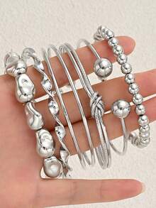 6pcs Punk Fashion Minimalist Geometric Wave Open Cuff Bracelet Bangle Set, Suitable For Women's Daily Wear, Party, Date, Vacation, Layering, Holiday Gift, Elegant And Stylish - Silver - View 3