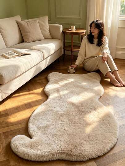 1 Alfombra de pelo largo con forma de gato – Alfombra de peluche irregular para dormitorio, lado de la cama & decoración del hogar | Adecuada para varios estilos de interiores, incluyendo madera natural, estética "crema" y diseños minimalistas. Disponible en múltiples colores