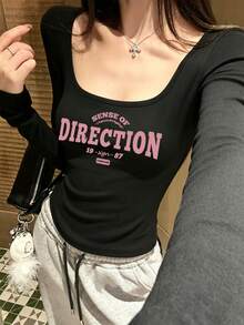 Women's U-Neck Long Sleeve T-Shirt, Spring/Autumn New Letter Print, American Fashion Slim Fit Versatile Cropped Top - Black - View 7