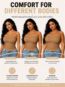 Plus Size Women's Casual Solid Color Fitted Bandeau Top, Versatile Comfortable Breathable Seamless Elegant, Suitable For Daily Wear, Dating, Shopping, Work - Khaki - View 2