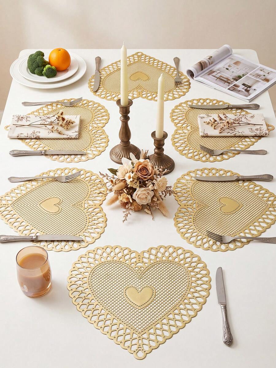 1-200pcs Gold Heart-Shaped PVC Placemats, Washable, Easy To Clean, Wipe-Clean, Non-Slip, Holiday Wedding Party Dining Table Decor - Multicolor - View 1