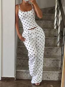 Women's Polka Dot Minimalist Camisole Tank Top And Drawstring Waist Loose Sweatpants Set - White Background With Black Polka Dots - View 2