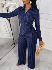 NEW IDEA Women's Elegant Navy Pinstripe Autumn/Winter Suit Set, Lapel Long-Sleeve Top + Wide-Leg Pants, Perfect For Commuting, Business, And Parties - Blue - View 4