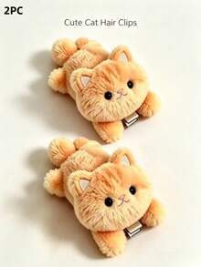 2pcs Cute Plush Orange Cat Hair Clips, Cartoon Animal Hair Clips, Soft Hair Accessories For Women And Girls In Autumn/Winter, Sweet Side Bangs Hair Clips, Daily Party Holiday Gift Decoration - Coral Orange - View 6
