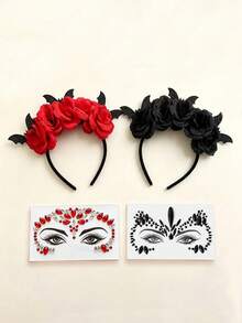2PCS Halloween Party Headband Set - Includes Flower & Bat Decorated Headbands, Black Rhinestone - Multicolor - View 5