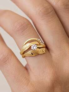 2pcs/Set 18K Gold Plated Luxury White Gemstone Rings, Petal Leaf Rings, Rhinestone Rings, Exquisite Holiday Party Gift For Women - Yellow Gold - View 4