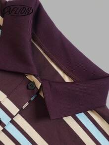 Aflion Pakaian Musim Gugur Wanita: Atasan Polo Lengan Panjang Bergaris Cokelat, Sweatshirt Pullover Retro Bergaris Blok Warna untuk Pakaian Sehari-hari di Kampus - MultiWarna - View 5