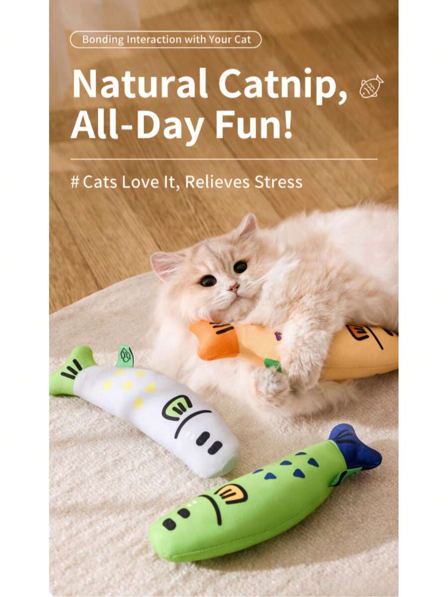 1pc Catnip Linen Fish Cat Toy, Self-Play Boredom Relief Chew Toy With Bell Sound, 3 Colors Available, Suitable For Indoor Play For Kittens - A - View 1