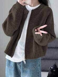 女款冬季必備厚實純色雙面拉鍊開襟針織衫，休閒風格，適合秋冬返校季 - 鼠灰色 - 查看 1