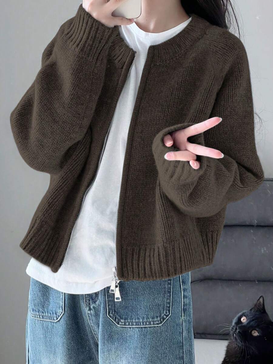 女款冬季必備厚實純色雙面拉鍊開襟針織衫,休閒風格,適合秋冬返校季 - 鼠灰色 - 查看 1