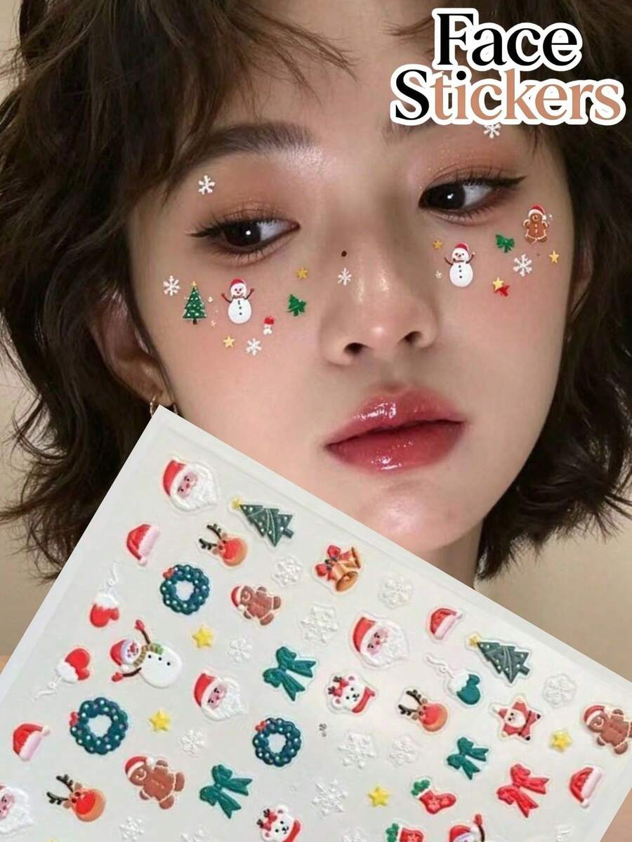 1件裝聖誕節臉部裝飾貼紙,聖誕老人、薑餅人、馴鹿、雪花、聖誕襪、花環、蝴蝶結元素,便利自黏免膠設計,派對宴會拍照臉部彩繪氛圍裝飾貼 - 彩色 - 查看 1