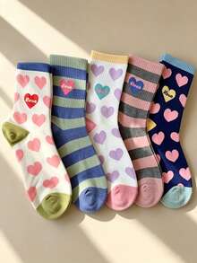 5 Pairs Candy Color Striped Heart Jacquard Mid-Calf Socks, Fun Love Letter Pattern, Elastic Girl Style Versatile Women's Socks For Autumn/Winter - Multicolor - View 1