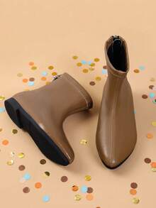 Girls' Vintage Soft Glossy Ankle Boots With Back Zipper Design, Suitable For Parties, Outings And Autumn Outfits - Camel - View 4