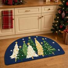 1pc Faux Linen Christmas Rug With Green White Gold Trees Stars Snowflake Pattern, Wipeable Easy Care Mat, Room Decor Aesthetic Mats For Bathroom Mats Entrance Home, Christmas Decorations For Home, Christmas Gifts For Women - View 7