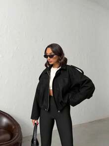 Women's Black Short Wool-Blend Bomber Jacket - Black - View 3