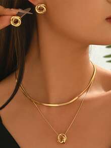 3pcs/Set Gold Layered Snake Chain Necklace And Earrings Jewelry Set, Geometric Ring Pendant Necklace, Simple And Elegant, Suitable For Daily/Party Wear - Yellow Gold - View 1