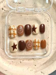 10Pcs Y2K Retro Short Square Press On Nails,Reusable Handmade False Nails,Cream & Coffee Brown,Plaid Print,Brown Star,Spiral Pattern,Ins Nail Art For Daily Dating Party Autumn Back To School Manicure - Brown - View 1