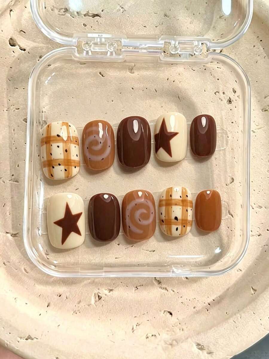 10Pcs Y2K Retro Short Square Press On Nails,Reusable Handmade False Nails,Cream & Coffee Brown,Plaid Print,Brown Star,Spiral Pattern,Ins Nail Art For Daily Dating Party Autumn Back To School Manicure - Brown - View 1