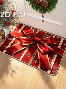 1pc Flat 2D Christmas Theme Bow Pattern Decorative Floor Mat - Suitable For Entrance, Living Room, Bedroom, Kitchen, Office - Holiday Decor, Christmas Decoration, - Red - View 1
