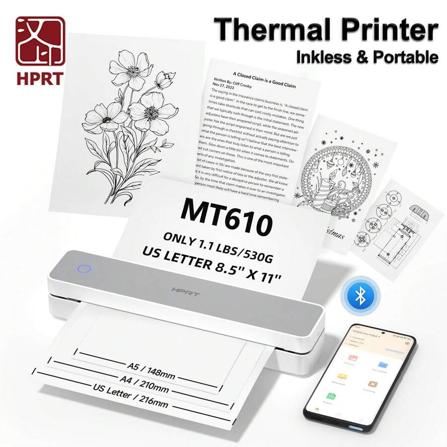 HPRT MT610 A4 Portable Thermal Printer, Bluetooth A4 Paper Mini Printer, Suitable For Tattoo, Office, Home, Inkless High-Definition Printing
