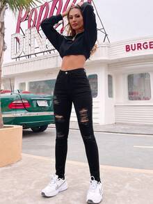 HAPPY GIRL#春秋女款時尚休閒優雅性感磨損牛仔緊身牛仔褲 - 黑色 - 查看 1