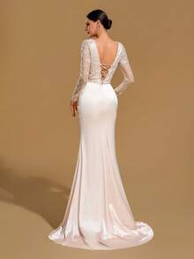Elegant Women's Square Neck Long Sleeve Cocktail Dress With Pearl Drape Details, Romantic Party Dress - Champagne - View 9