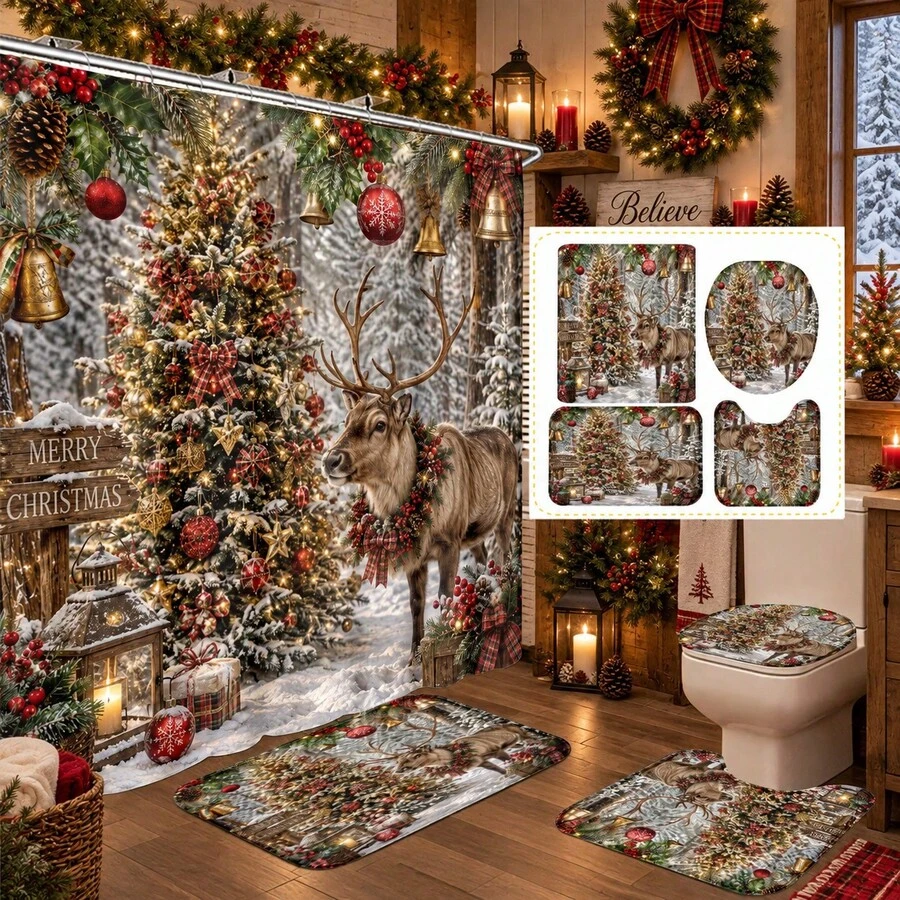 1pc/4pcs Forest Snow Scene Deer Pattern Multi-Functional Bathroom Decor Shower Curtain Set, Free 12 Hooks, Premium Holiday Atmosphere, Bathroom Mat, U-Shaped Floor Mat And Round Toilet Lid Cover, Suitable For All Occasions, Bathroom Set - Forest Snow Reindeer - View 1