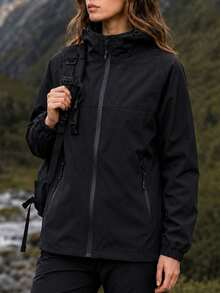 Women's Autumn Pure Black Zipper Hooded Jacket, Adjustable Drawstring Hood, Elastic Cuffs, Hiking Outdoor Jacket - Black - View 1