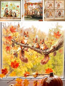 1/4 Hojas de Adhesivos para Ventanas con Diseño de Ardilla de Dibujos Animados Lindos, Calcomanías Estáticas Reutilizables con Hojas de Arce y Calabaza para Decoración de Vidrio de Habitación Infantil en Otoño y Acción de Gracias - Multicolor - Ver 1