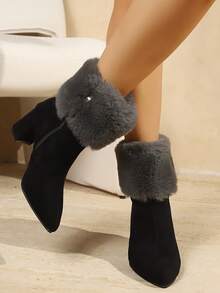 New Women's Versatile Fuzzy Side Zipper Chunky Heel High Heel Ankle Boots Autumn Winter Pointed Toe Fashion All-Match Style Faux Fur Home Wear - Black - View 7