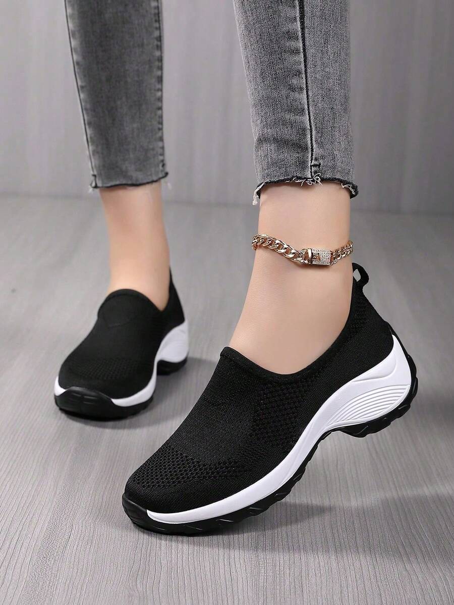 Women's Platform Thick Sole Athletic Shoes, Fashionable Comfortable Slip-On Running Shoes, Solid Color Easy On-Off Slouchy Shoes