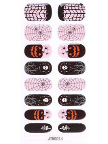 16pcs Autumn Fall Gothic Pink Black Pumpkin Leaf Spider Web Nail Wraps, Cute Spooky Self-Adhesive Nail Polish Strips For DIY Manicure - Multicolor - View 5
