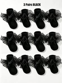 1/3 Pairs Toddler Baby Girls Solid Black Tulle Ruffle Socks, Princess Layered Mesh Frilly Dress Socks, Baby Girl Essential, Halloween,Fall Style - Multicolor - View 10