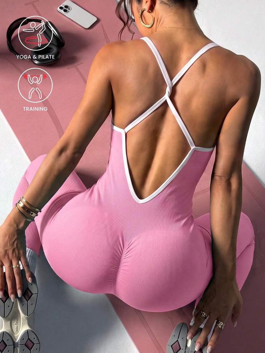Women's Seamless Yoga-Style Jumpsuit With Built-In Chest Pads, Pink Ribbed Fabric, Criss-Cross Deep V-Neck Hollow Design, Suitable For Daily Wear