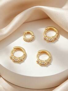 4pcs Inlaid Cubic Zirconia Women's Earrings Set, Exquisite Fashionable, Suitable For Dating, Gathering, Party Layering Wear - Yellow Gold - View 4
