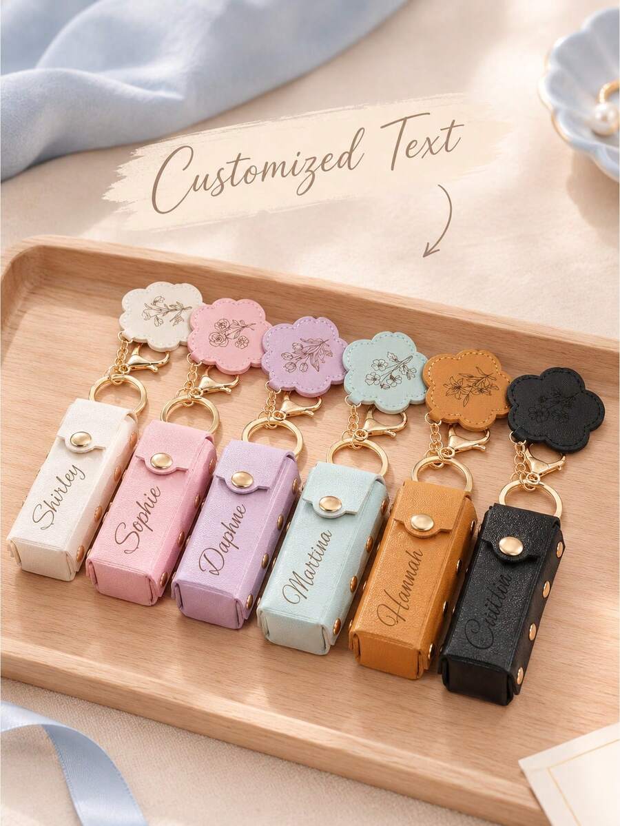 Personalized Birthday Flower Lipstick Keychain, Engraved Lip Balm Storage Box, Customized Mirror Leather Lipstick Case, Gift For Her - Multi-color - New Red Envelope - View 1
