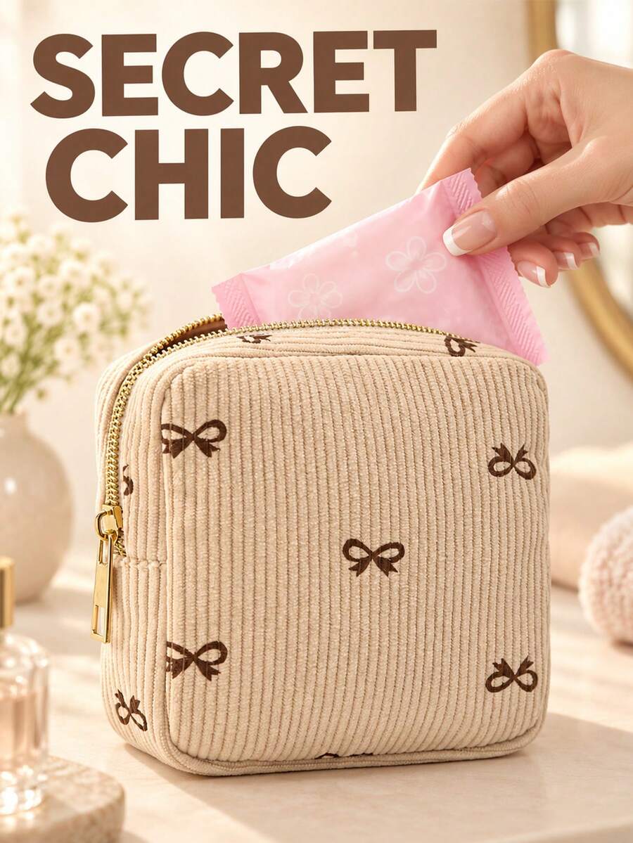 燈芯絨拉鍊化妝包 便攜式化妝收納袋 女用生理期收納包 衛生棉收納袋 居家裝飾 辦公桌收納整理 宿舍浴室健身房 郵輪海灘露營 臥室返校旅行必備配件