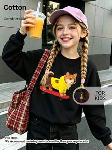 Kids Crew Neck Sweatshirt, Felt‑Style Shiba Inu Skateboard Graphic Print Cotton Pullover For Kids - Black - View 3