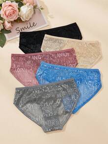 5pcs European & American Style Lace Patchwork Letter Print Comfortable Breathable Women's Triangle Panties - Multicolor - View 3