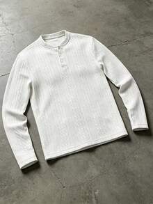 Men's Solid Color Jacquard Henley Long Sleeve Top, 3-Button Placket Slim Fit Textured Casual Pullover, Suitable For Spring And Autumn Daily Wear - White - View 4