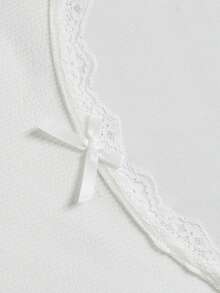 DONICY Atasan Crop Top Lengan Panjang Bergaris Putih Wanita, Kerah U dengan Hiasan Renda, Potongan Ramping, Elastis, Cocok untuk Lapisan, Musim Gugur/Musim Dingin - Putih - View 4