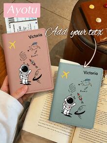 Ayotu Customized Passport Holder, Customizable Name/Text, Featuring Cute Cartoon Astronaut Pattern, Combines Passport Cover And Card Holder Functions, Portable Multi-Functional Document/Bank Card Storage Bag, PU Leather Wallet, Ultra-Thin Passport Holder, Unisex - Multicolor - View 4