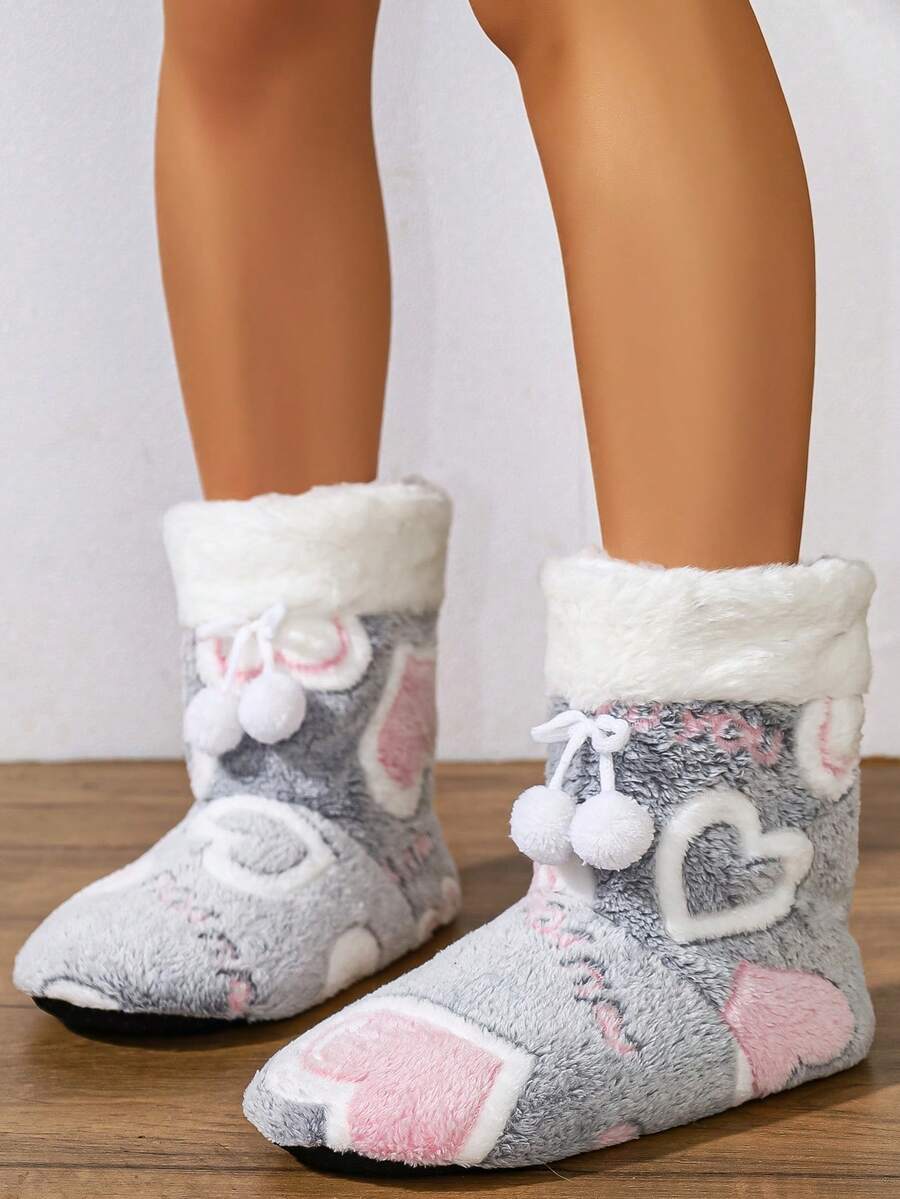 2026 All-Season Women's Indoor Slippers, Heart Pattern With Ball Decoration, Warm Lining Casual House Shoes - Grey - View 1