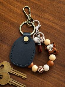 Cute Retro Style Highland Cattle Bead Bracelet PU Leather Keychain, Access Card Holder Tassel Decor Bag, Charm Car Key Ring Gift, Unisex, Daily Essential, Birthday, Ramadan, Christmas Gift - Multicolor - View 1