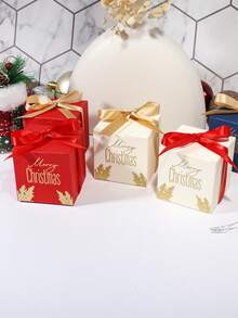 10pcs Merry Christmas Cube Gift Boxes With Satin Ribbon Bows, Gold Foil Lettering And Botanical Leaf Print, Red Blue Or Ivory Mini Packaging For Jewelry, Small Presents, Xmas Party Favors, Stocking Fillers And Holiday Gift Exchange - View 8