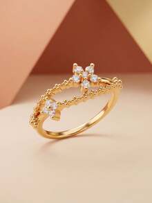 Gift Box Elegant Floral Cubic Zirconia Ring Sweet Fashion Jewelry Non-Fading Hypoallergenic Suitable For Women's Daily Wear Or Holiday Gift - Gold - View 4